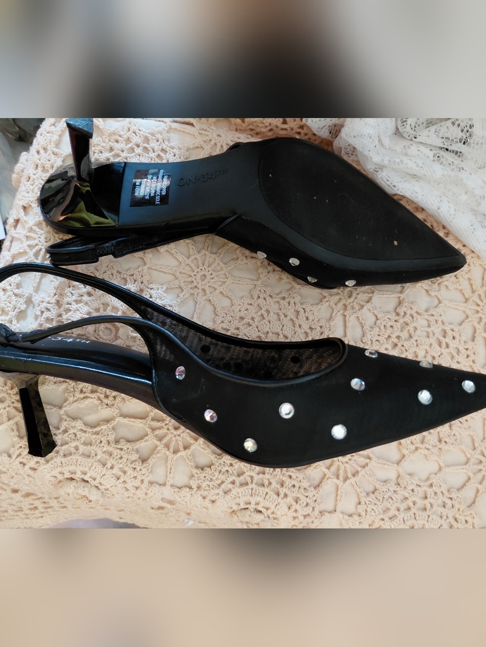On.34th Black Embellished Slingback Kitten Heels - EC